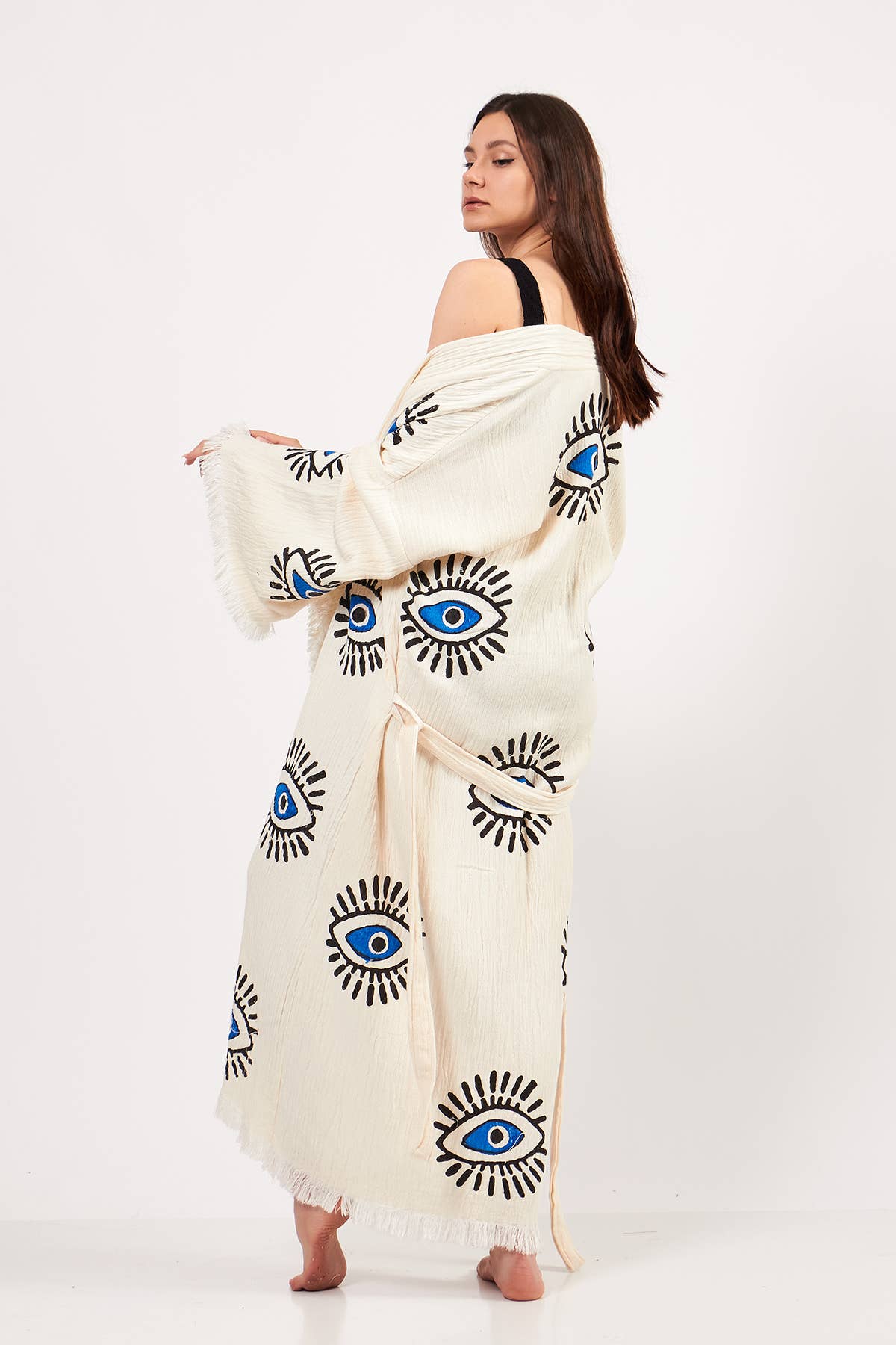 Yaz Concepts - Venta al por mayor Kimono - Mujer - Kimono Turco con Estampado de Ojo Turco Blanco y Azul13