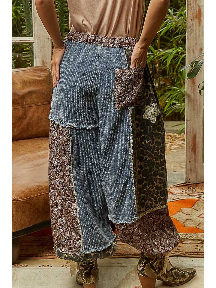 Pol Clothing - Wholesale Pants - Women's - Crochet patch detail contrast patchwork printed woven pants42