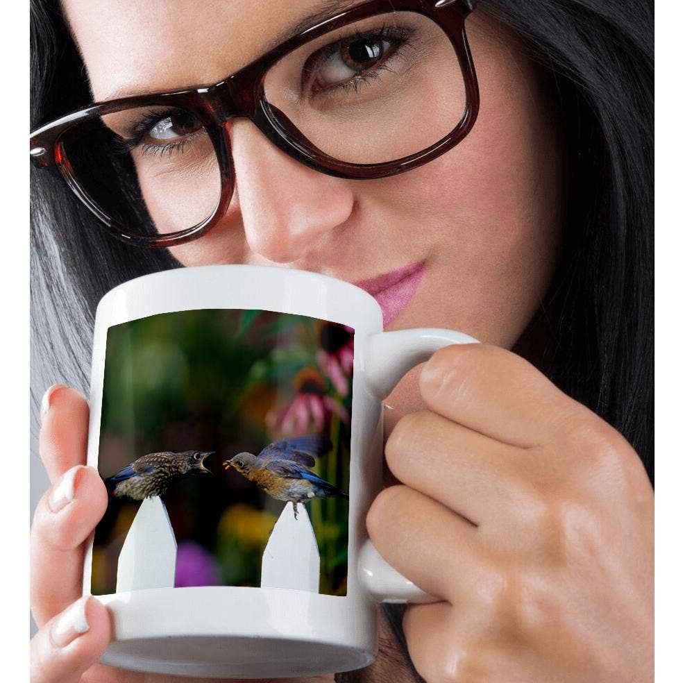 3dRose – wholesale Coffee mug – 3dRose, Eastern Bluebird female feeding fledgling on picket fence near flowers, Mug9