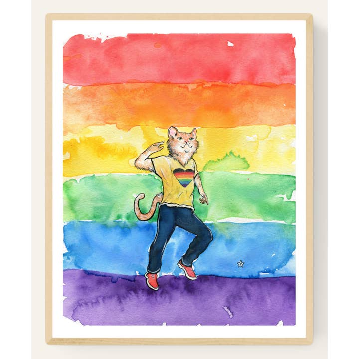 Darling Illustrations - Vente Affiche d'art - Chat arc-en-ciel gay - Fierté LGBT+ queer - Impression artistique 8x10