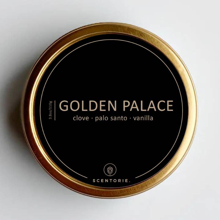 Bougie parfumée à la cire de colza GOLDEN PALACE, 110 g/20 h, mèche en bois pour la vente par SCENTORIE.