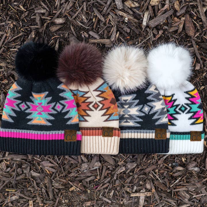 Truly Contagious - Wholesale Beanie - Women's - CC South Western Pattern Faux Fur Pom Beanie ( HTE0030 )