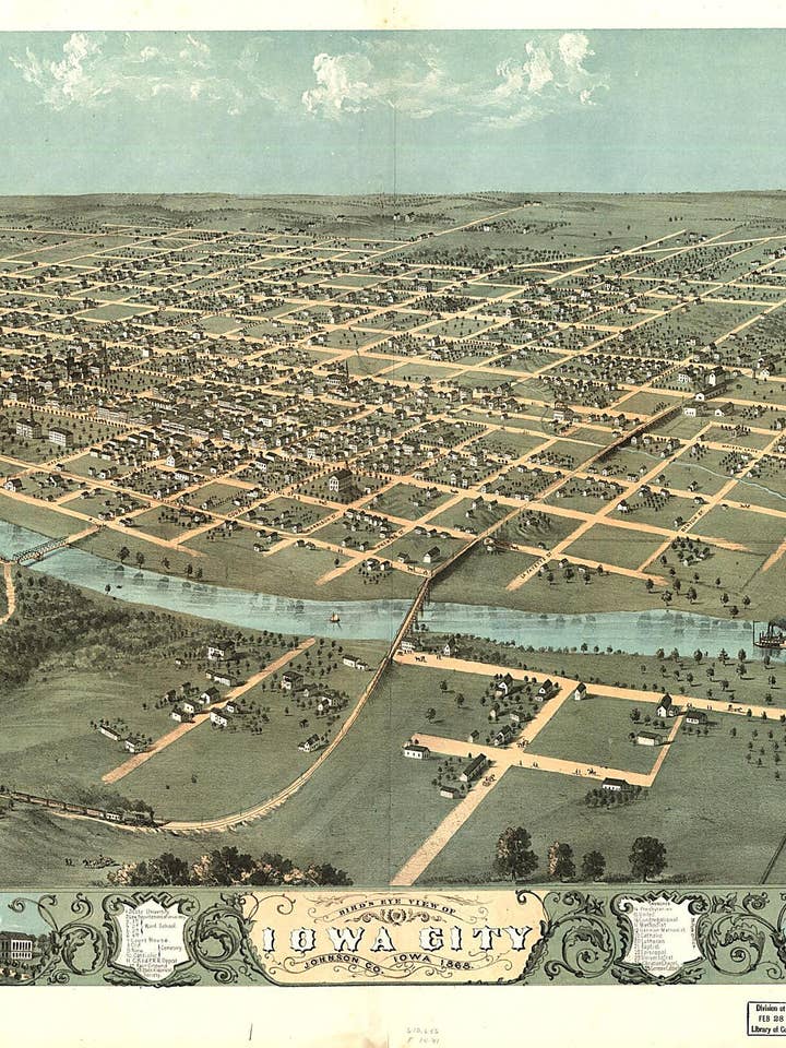 Bird's Eye View of Iowa City, Johnson County, Iowa 1868 for wholesale by Relic Map Co.