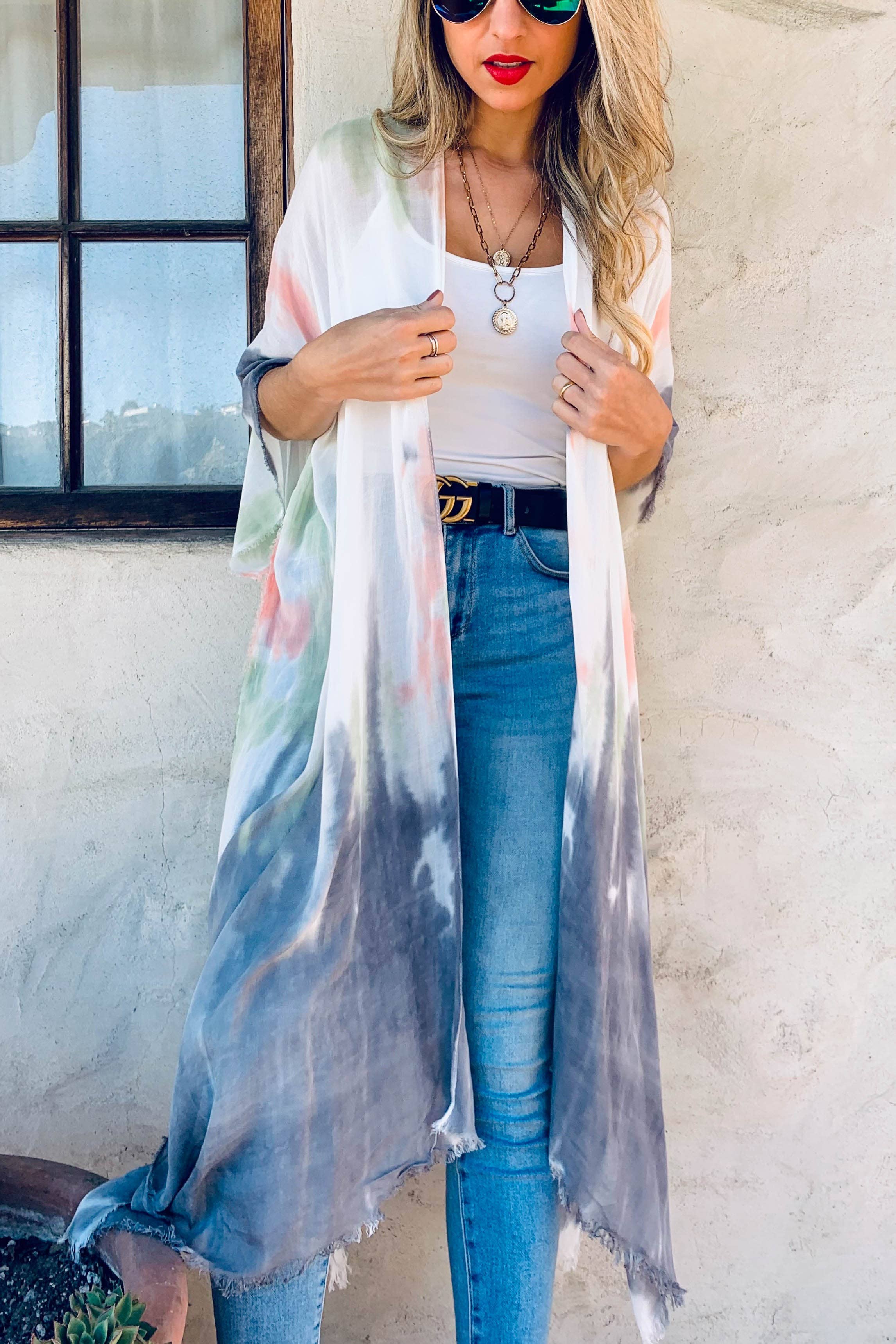 Multi Tie Dye Printed Kimono Cardigan with Fringe for wholesale on Faire4