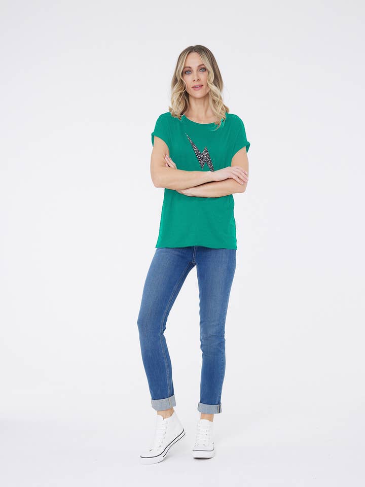Ziggy Lightning Bolt Short Sleeve Top Green / Silver for wholesale by Chapter London