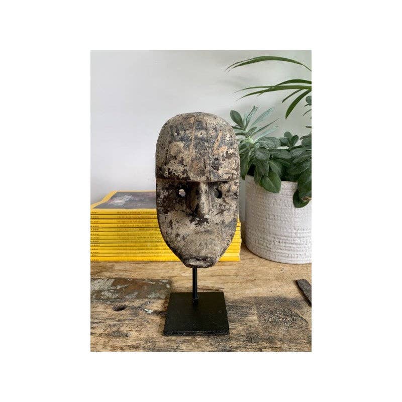Paloma Black (Casa Natura Design, S.L.) - Wholesale Decorative Tabletop Object - Small Wooden Hand Carved Mask On Stand With Metal Base