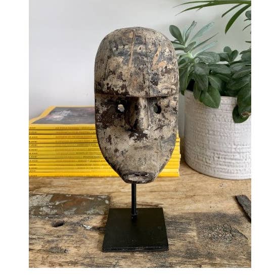 Paloma Black (Casa Natura Design, S.L.) - Wholesale Decorative Tabletop Object - Small Wooden Hand Carved Mask On Stand With Metal Base0
