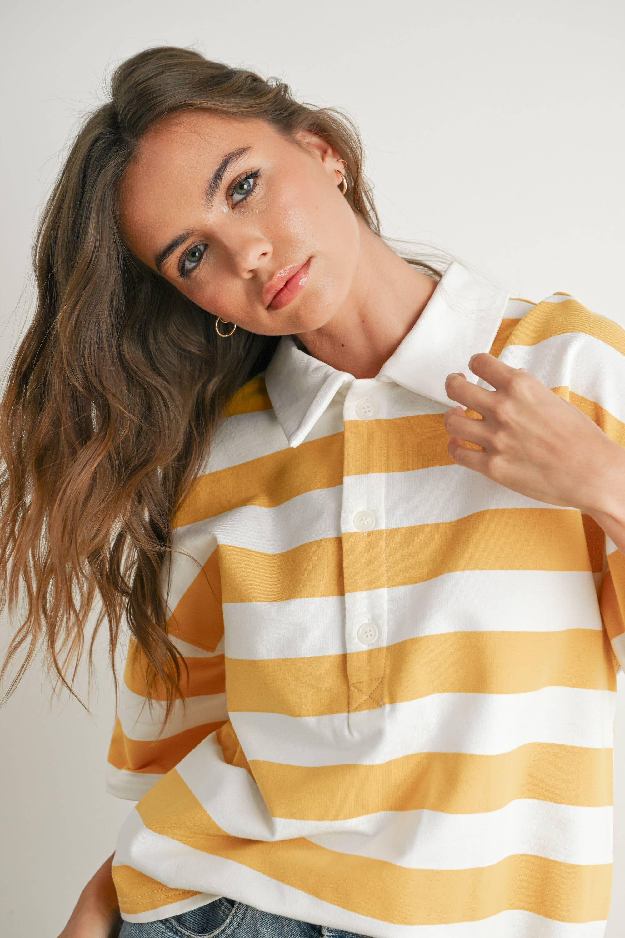 BUTTERMELON - Wholesale Polo - Women's - Striped Oversized Polo Shirt - BMT771032