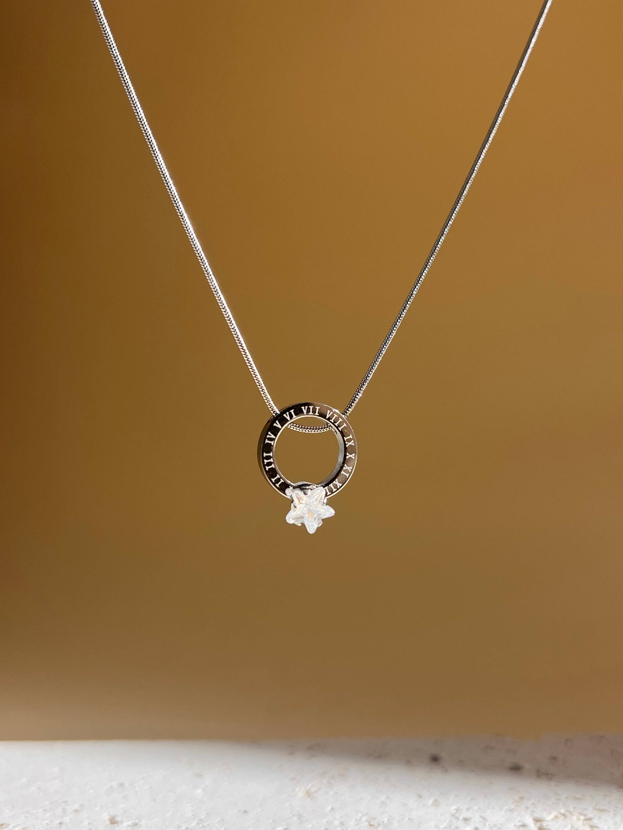 COSMOS – wholesale Pendant/charm necklace – Stainless steel necklace with zircon circle Roman numerals1