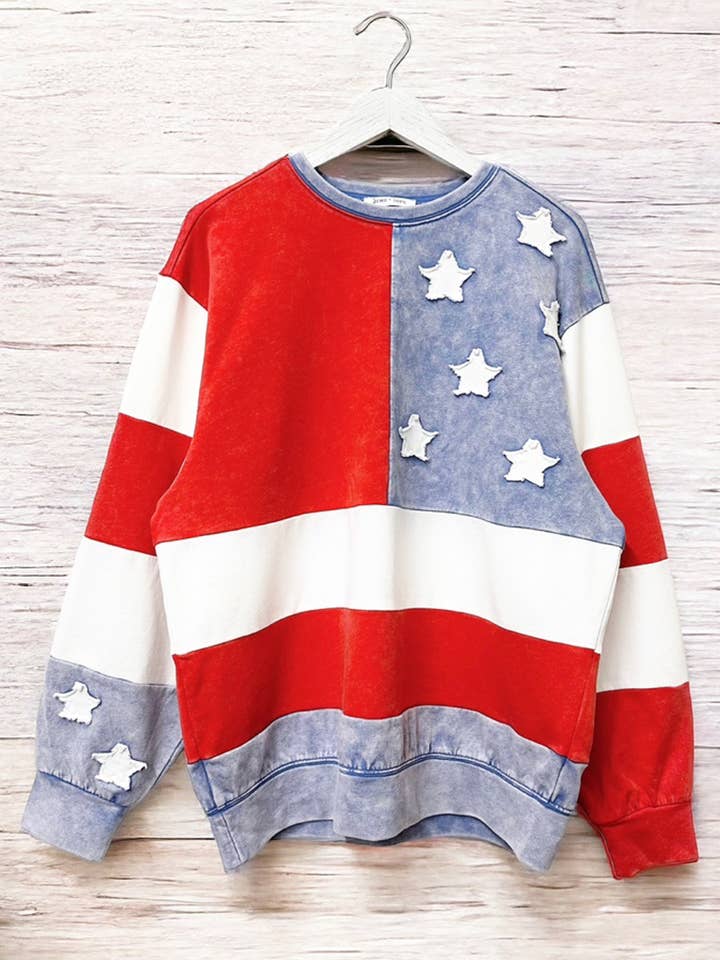 RED BLUE WHITE MINERAL WASHED AMERICANA FLAG SWEATSHIRT for wholesale on Faire6