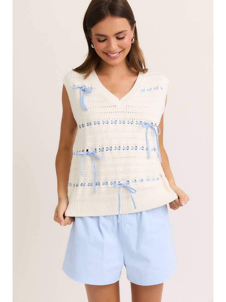 WHITE BABY BLUE BOW DETAIL V-NECK SWEATER VEST TOP for wholesale on Faire