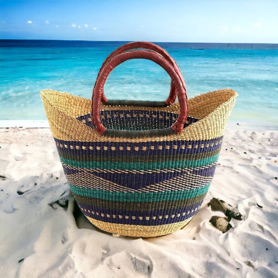 The African Home Goods - Wholesale Beach Bag - Green & Blue U-Shopper Ghana Beach Tote Bag/Basket5