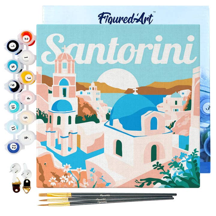 Mini Paint by numbers Travel Poster Santorini Sunrise framed for wholesale by Figured'Art (UK)