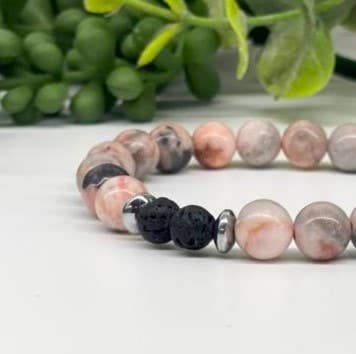 Meraki Gemstones - Wholesale Beaded Bracelet - Pink Zebra Jasper w/Blk. Lava Bracelet 8mm Beads, 7.5"Long1