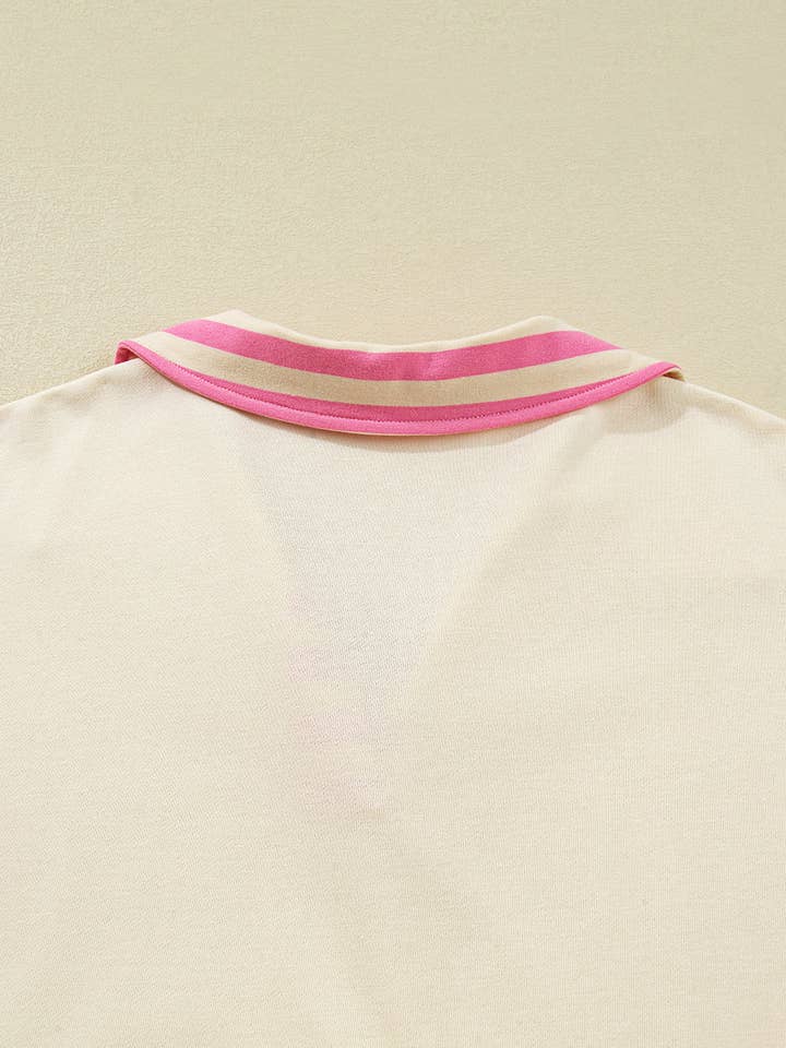 Pink Stripe Contrast Polo Collar Drop Shoulder Patchwork Plus Size Pullover for wholesale on Faire12