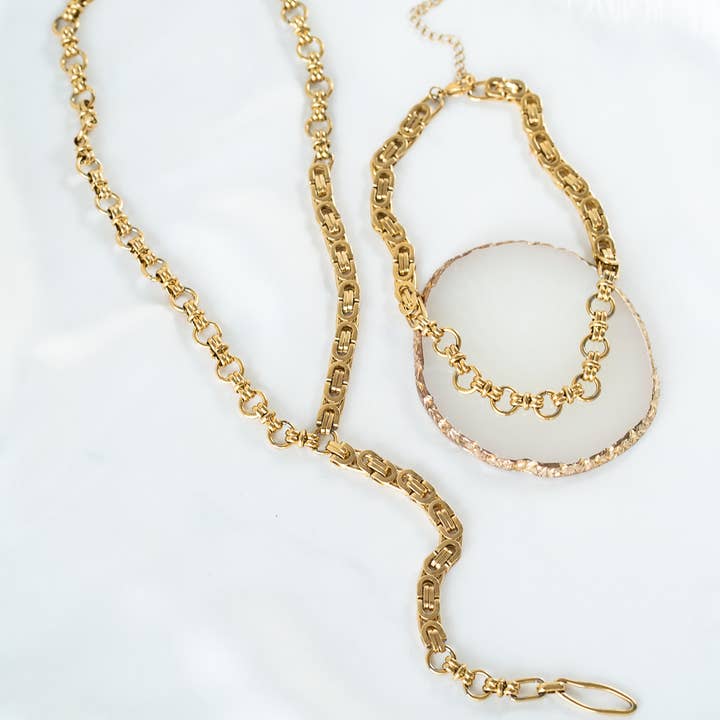 Goupi - Wholesale Jewelry Set - Gold chunky chain choker and lariat necklace1