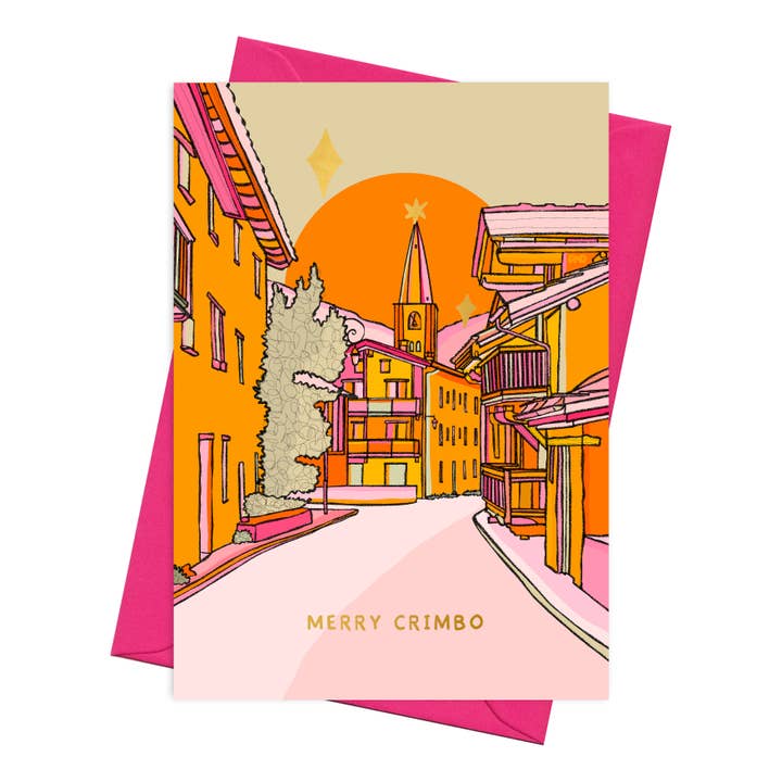 Val D'Isere Christmas Card, Gold Foil A6 Card for wholesale by Freya Niamh