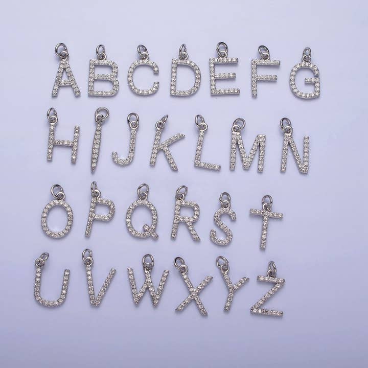 Clear Micro Paved CZ Initial Alphabet Letter Silver Personalized Charm | A-546-A-558 for wholesale by Aim Eternal
