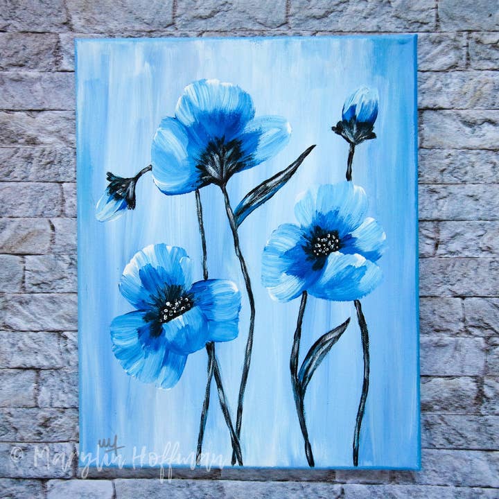 Blue abstract poppies for wholesale by Marylin Hoffman Art
