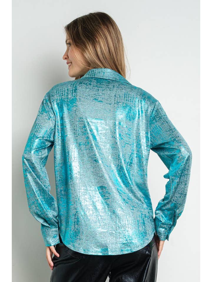 KIWI - Wholesale Button Down Shirt - Women's - IT3238 Metallic Foil Knit Button Up Long Sleeve Shirt8