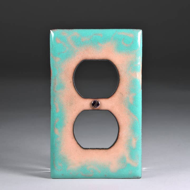 Koperen Emaille Dubbel Stopcontact Afdekplaat, Zeegroen Sgraffito voor wholesale door Kristin Ellis