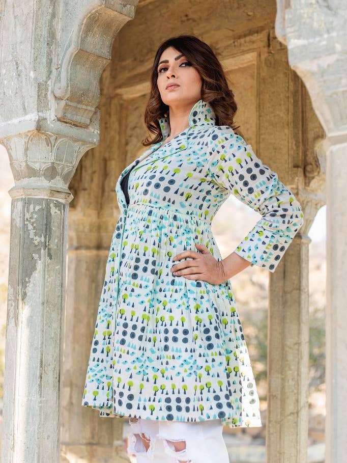 Veste en coton imprimée à la main | Col évasé et cranté pour la vente par Origin Pink