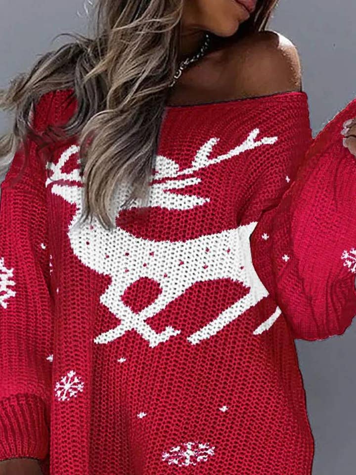 RED elk pattern high low split hem sweater dress for wholesale on Faire