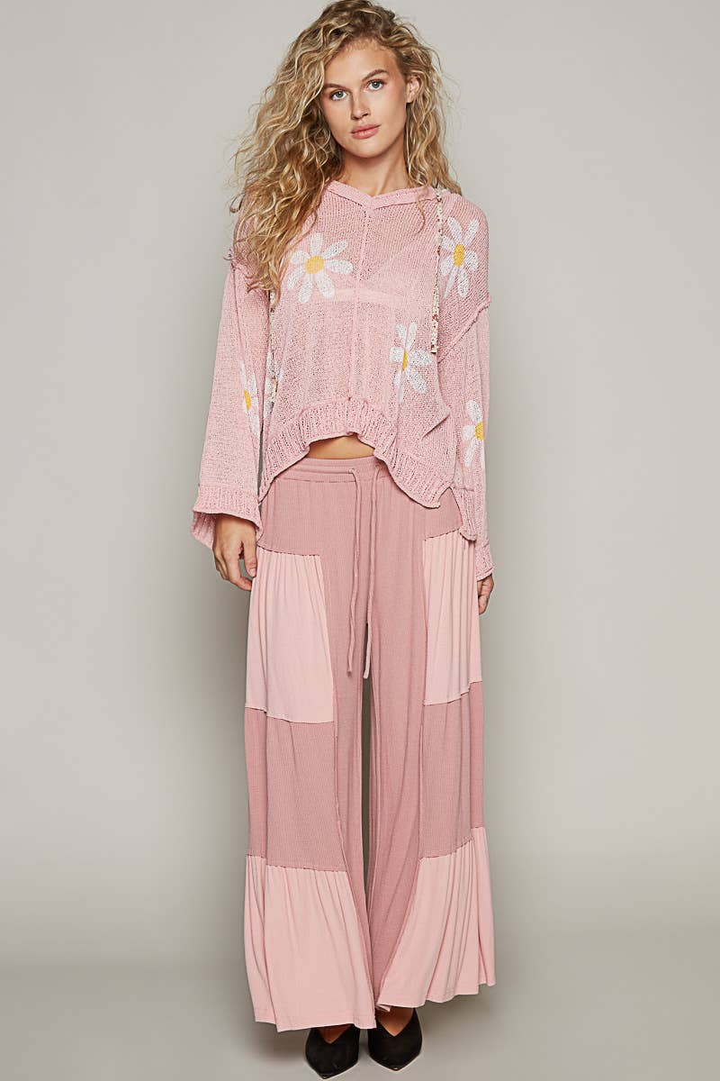 Pol Clothing - Wholesale Pants - Women's - Ribbed contrast fabric panels casual knit wide fit pants13