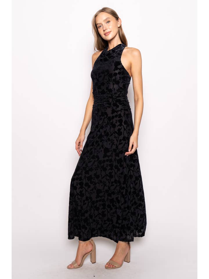 Fore Collection - Wholesale Dress - Women's - VELVET DETAIL RUTCHED HALTER SLEEVELESS DRESS - DI10513AFO6