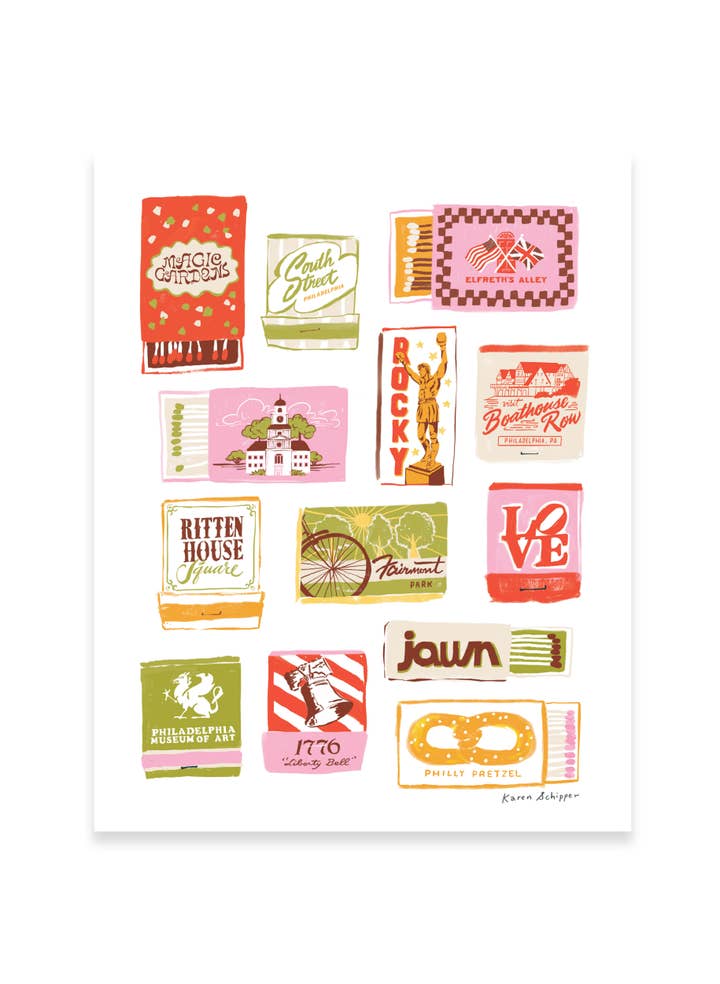 Philadelphia Matchbooks Art Print - Timeless City Wall Art for wholesale by Karen Schipper