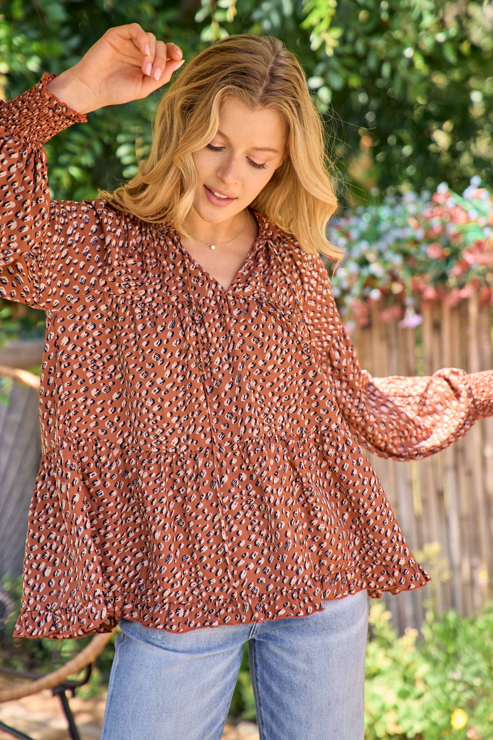 Brown Long sleeve baby doll blouse-IT9367 for wholesale on Faire2