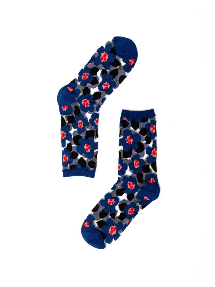 Sock Candy - Wholesale Socks - Women's - Bold Blue Floral Sheer Crew Sock