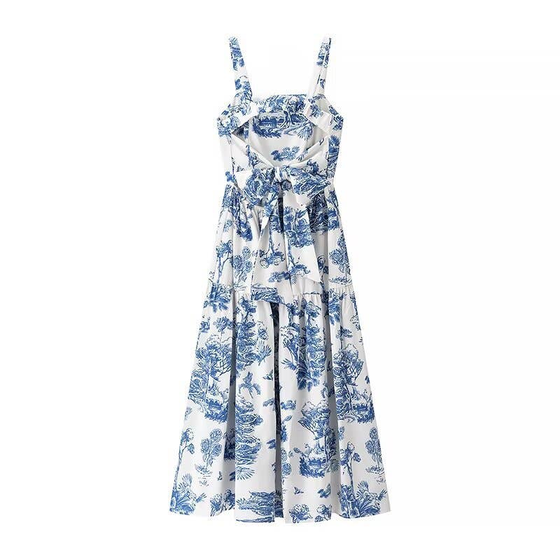 Blue Floral Toile print strappy dress w open back bow tie for wholesale on Faire1