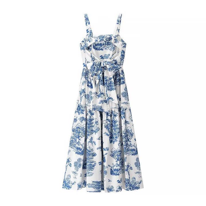 Blue Floral Toile print strappy dress w open back bow tie for wholesale on Faire1
