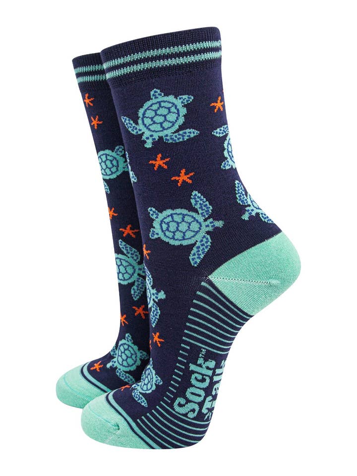Women's Bamboo Socks - Navy Blue/Mint, Turtle for wholesale by Sock Talk