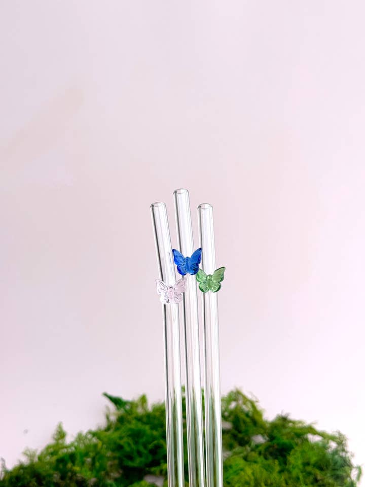 Butterfly Charm Glass Straws for wholesale by Golden Hour Designs