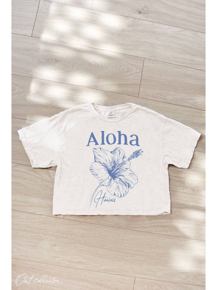 OAT COLLECTIVE - Wholesale Screen Printed T-Shirt - Women's - ALOHA HAWAII Cropped Mineral Washed Graphic Top