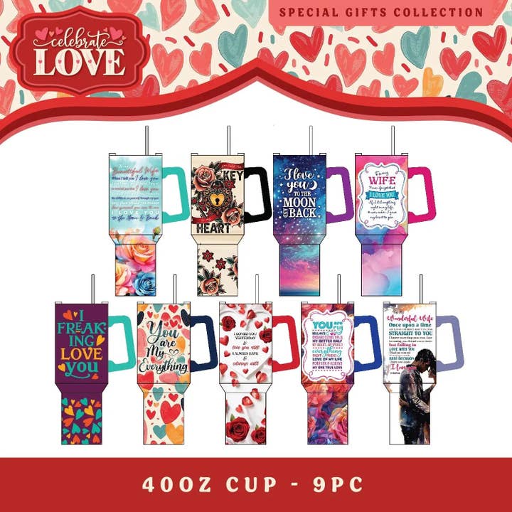 Celebrate Love Theme 40oz Insulated Cup & Straw Assortment for wholesale by Novelty Closeout