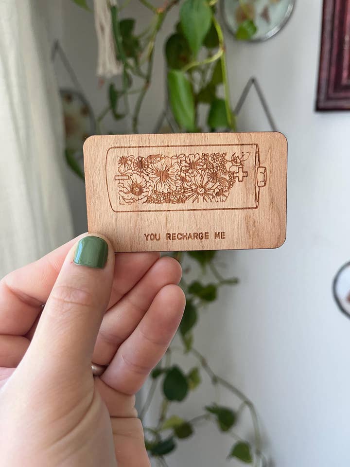 Recharge Me Laser Engraved Cherry Wood Sticker Flowers for wholesale by Owlhaired Designs