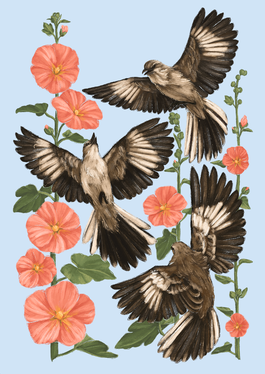 Cailee Corbett - Wholesale Art Print - Mockingbird and Hollyhock Floral Art Print1