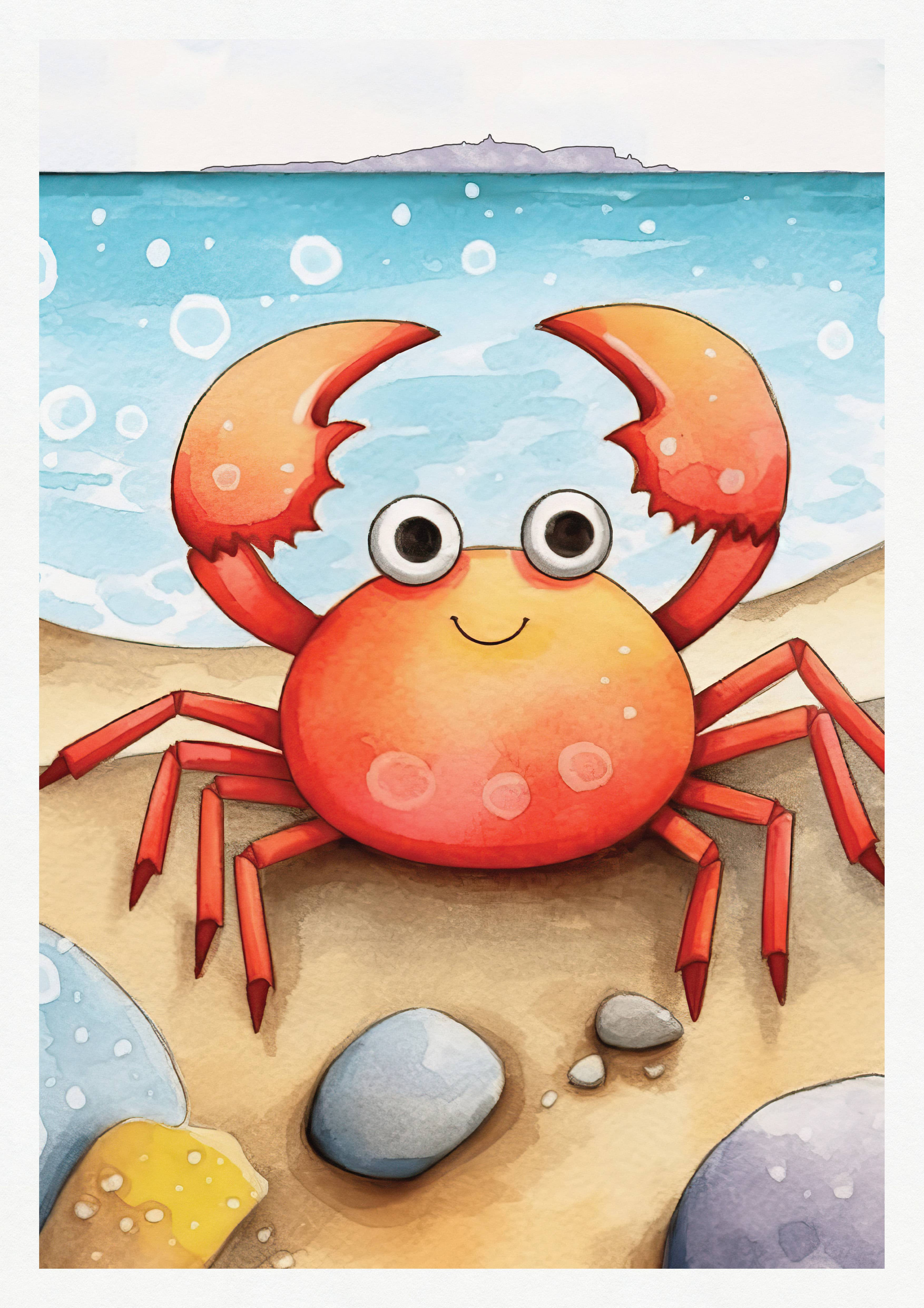 Printagonist – wholesale Art print – Happy Crab Print- Coastal Beach Art - Ocean - Pebbles - Sea1