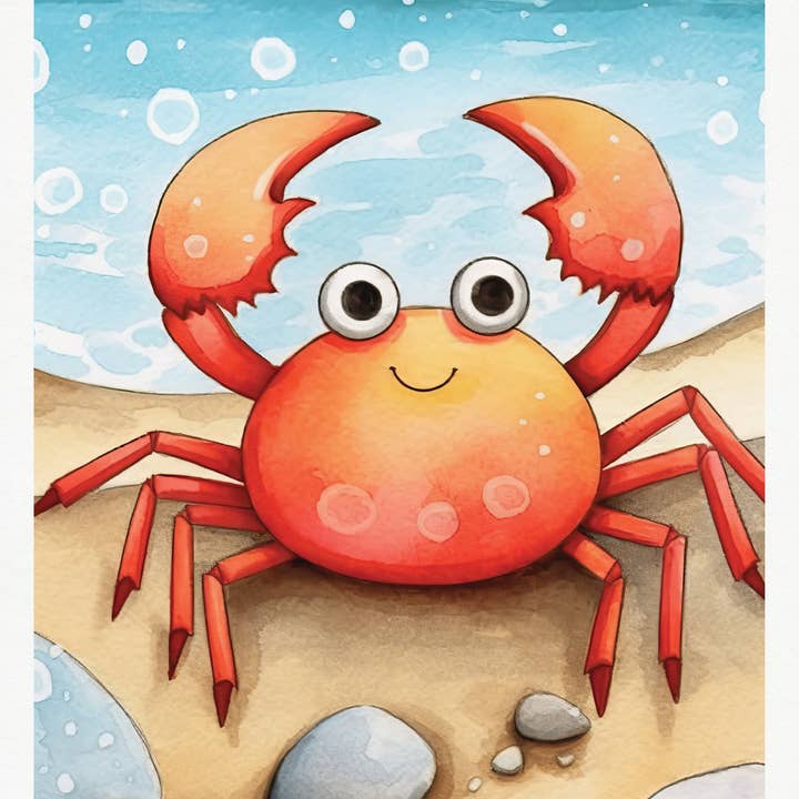 Printagonist – wholesale Art print – Happy Crab Print- Coastal Beach Art - Ocean - Pebbles - Sea1