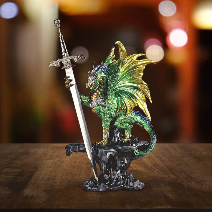 15"H Green Dragon Sword on Cliff Figurine Home Decor Gifts for wholesale by FC Design