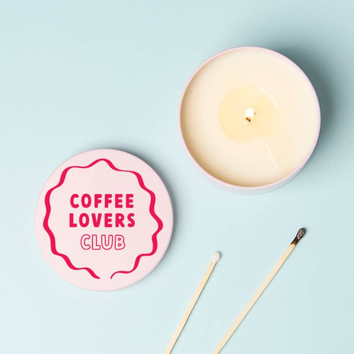 Coffee Lovers Club Pink Tin Candle for wholesale by Mischief Candles