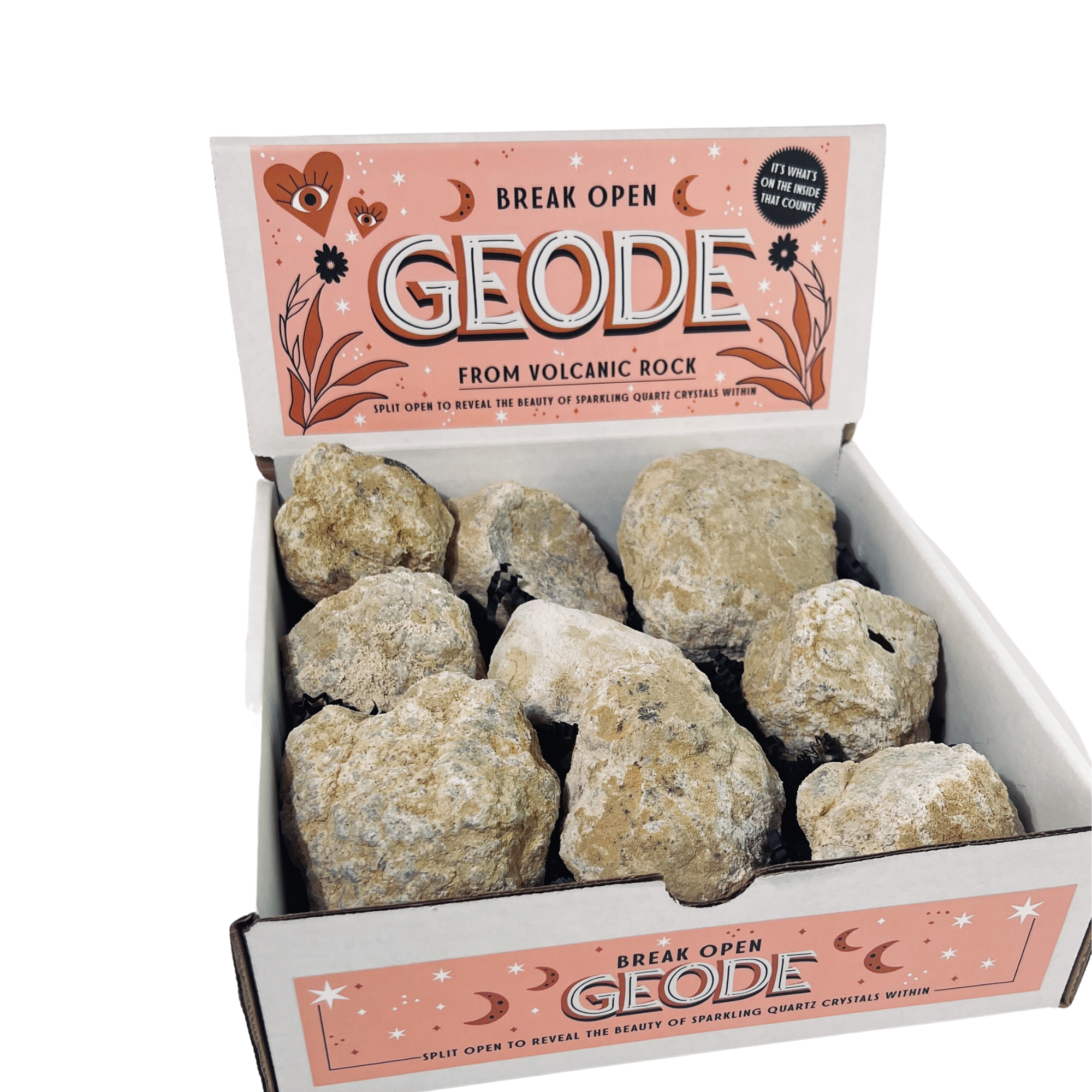 Sow the Magic - Wholesale Spiritual Stone/Crystal - Break Open Volcanic Crystal Geode Collection With Display1