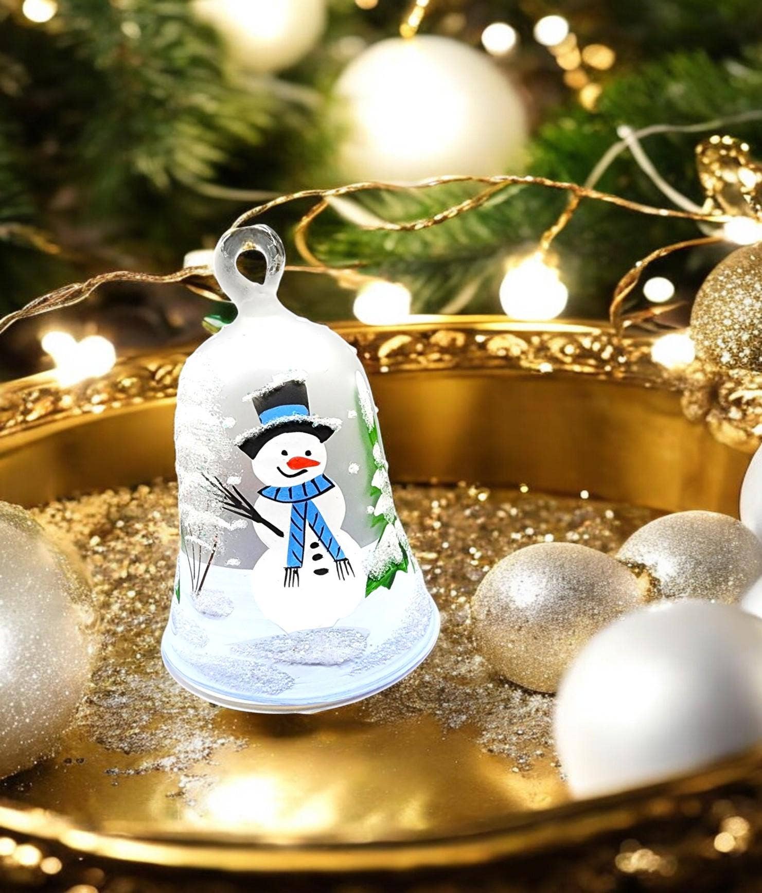 Glass by Iness - Wholesale Ornament - Snowman Bell w Clapper Ornament - Blown Glass - Hand Painted1