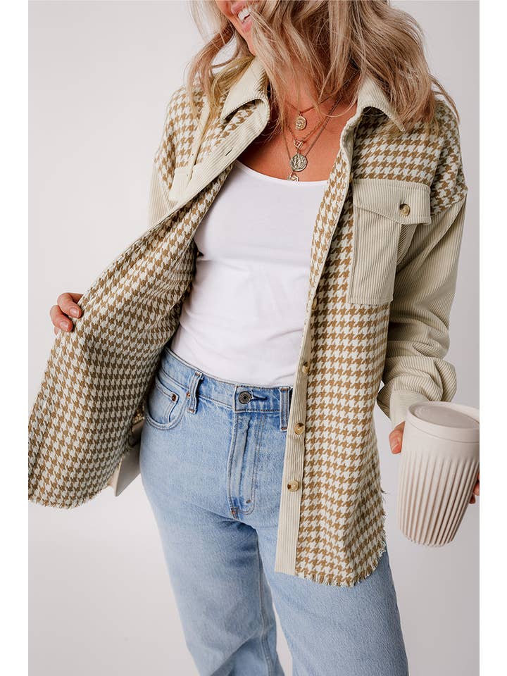 Parchment Houndstooth Corduroy Patchwork Flap Pocket Shacket for wholesale on Faire3