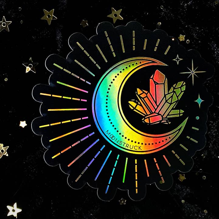 Holografische gouden maankristallen sticker voor wholesale door Moonstruck Crystals