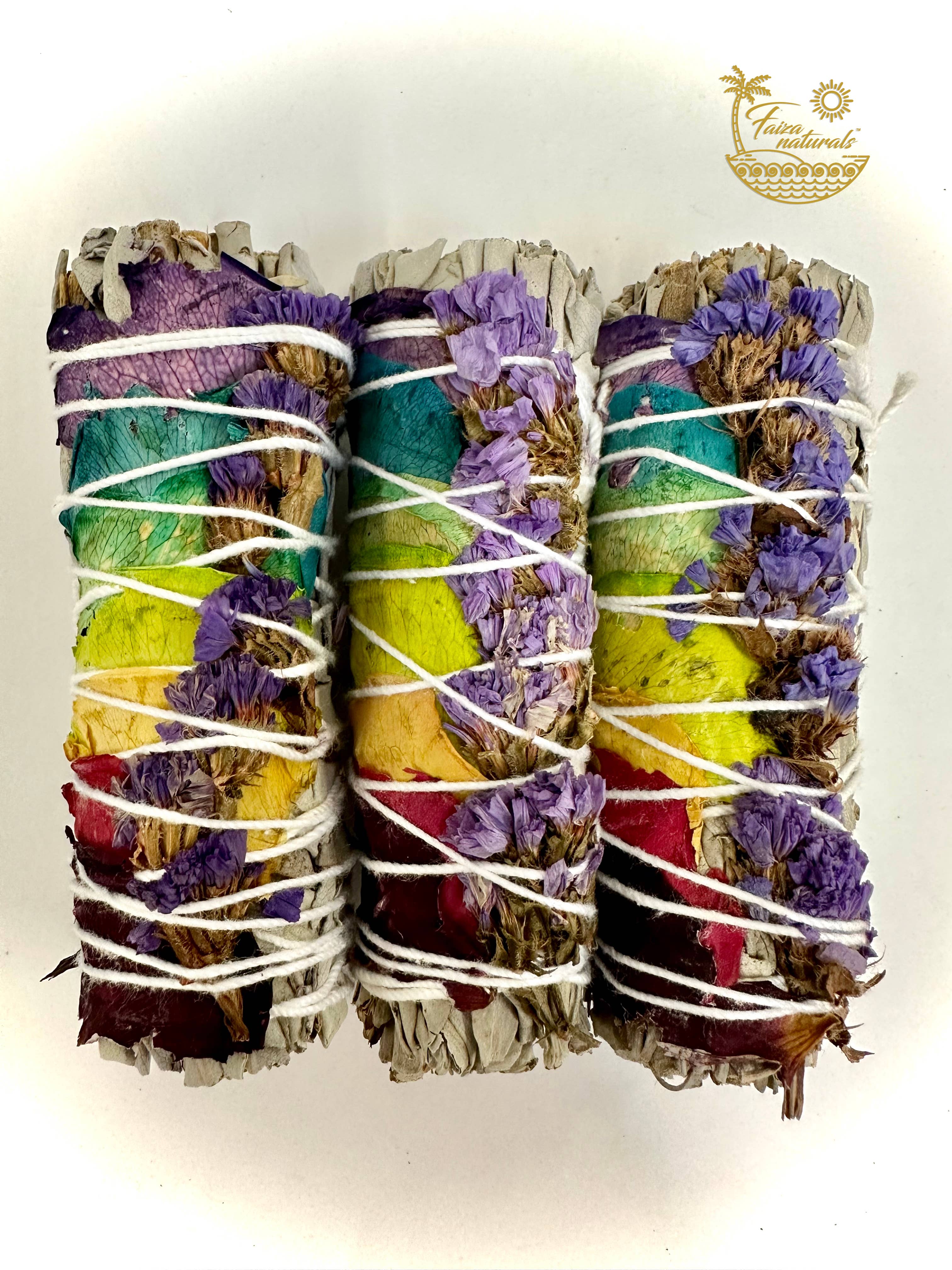 Faiza Naturals - Wholesale Sage Bundle - 7 Chakra Rose with Purple Sinuata White Sage2