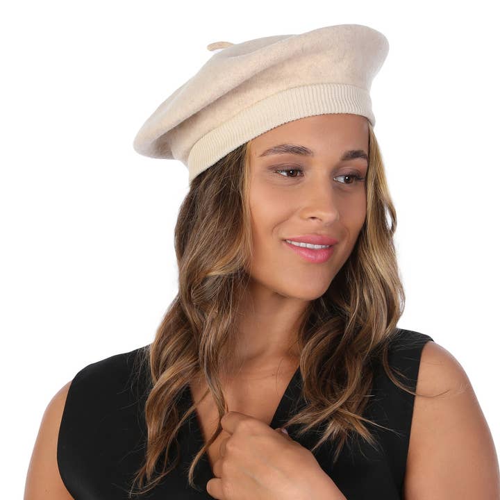 Béret en laine de luxe pour femme beige épais chapeau de mode d'hiver pour la vente par Stylex Party